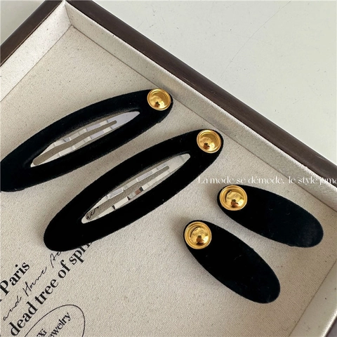 Fermaglio per Capelli Floccato Nero in Stile Francese Vintage Con Bottone Dorato Decorazione in Metallo Rotondo Clip Laterale BB Clip a Becco d'Anatra Donna Accessori