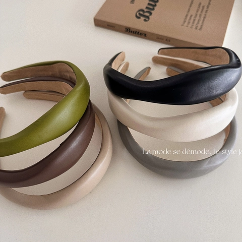 Diadema Acolchada de Cuero PU Retro Francés Mujeres Diadema de Esponja de Cranio Alto Otoño Invierno Color Sólido Accesorio para Cabello