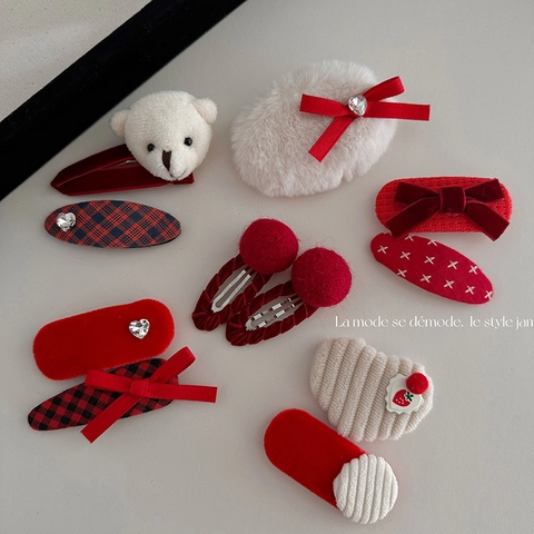 Red White Plush Bear Bow Hairpins Velvet Checkered Hair Clips Sweet Winter Festive Hair Accessories For Women Girls