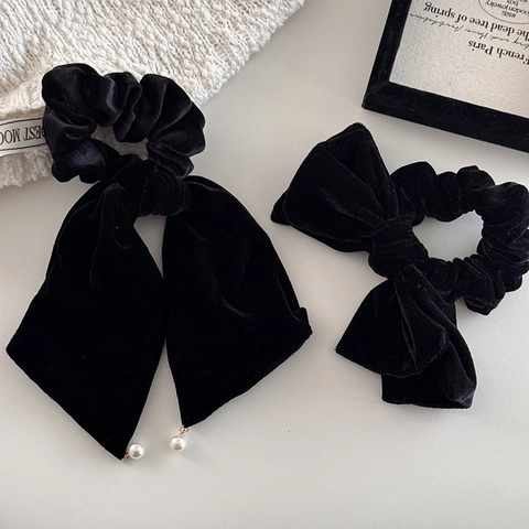 Vintage Nero Satin Fiocco Elastico Capelli Con Ciondolo Perla Artificial Stile Francese Elegante Nastro Per Capelli Donna Accessori