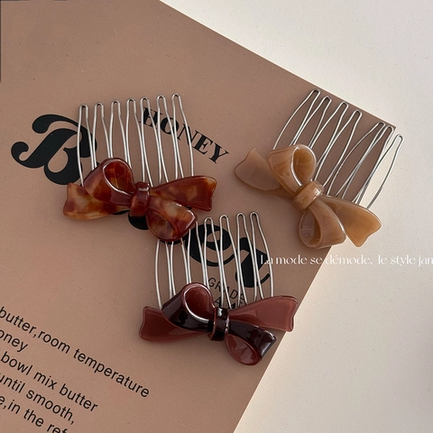 Elegant Acetate Bow Hair Comb Metal Teeth Hair Clip Korean Style Retro Bow Knot Headpiece For Women Daily Hair Accessory