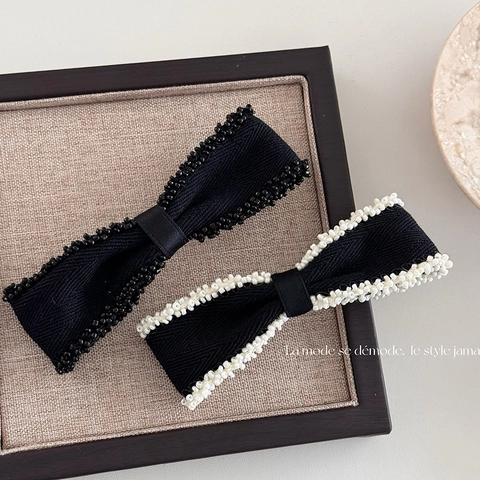 French Elegant Beaded Bow Hair Clip Twill Fabric Beaded Edge Spring Clip For Women Retro Bowknot Hair Accessories