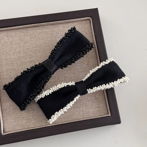 French Elegant Beaded Bow Hair Clip Twill Fabric Beaded Edge Spring Clip For Women Retro Bowknot Hair Accessories