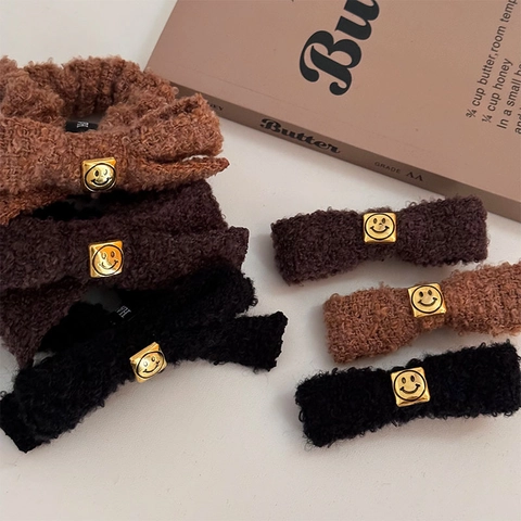 Herbst Winter Plüsch Stoff Haarclip Schleife Haargummi Set Mit Goldenem Metall Smiley Gesicht Haarschmuck Für Damen