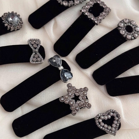 Pinzas para el Cabello de Terciopelo Negro Vintage Con Strass Grises Elegantes Pinzas de Pico de Pato Geométricas de Corazón y Estrella Accesorios para el Cabello de Mujer