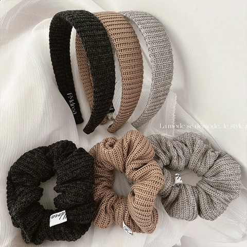 Knitted Striped Headband Woolen Fabric Hair Scrunchie For Women Autumn Winter Solid Color Minimalist Hair Accessory
