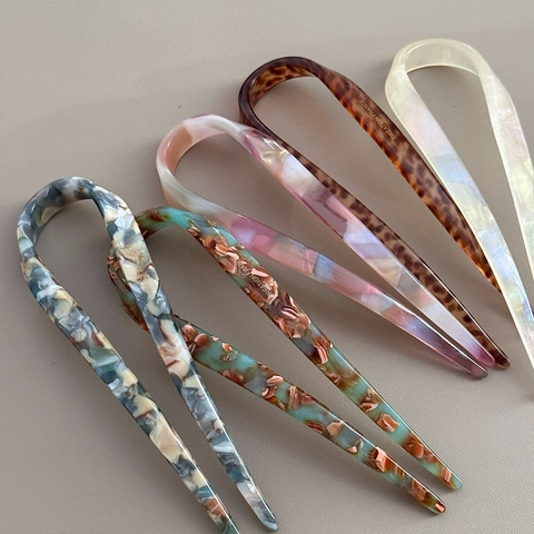 Vintage Acetate U-Shaped Hair Stick French Marble Tortoiseshell Hair Fork For Women Styling Hairpin Hair Accessories