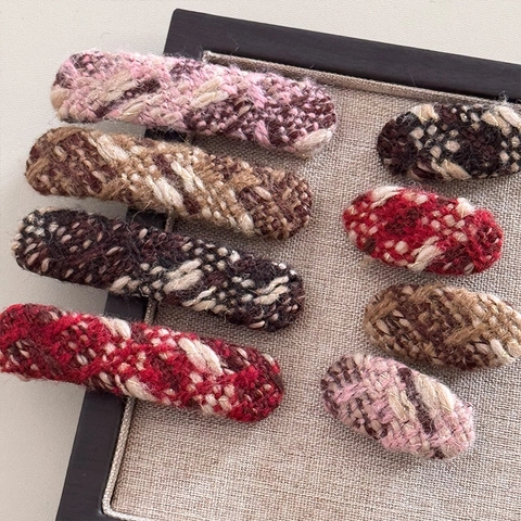 Vintage Koreanischen Stil Plaid Tweed Geflochtene Haarspangen Für Frauen Oval Und Rechteckig Stoff Ente Mund Clips Haarschmuck