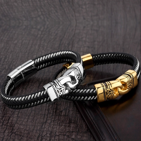 Pulsera de Cuero Trenzado Vintage Para Hombre Con Hebilla Tallada de Acero Inoxidable Joyería de Estilo Punk Pulido