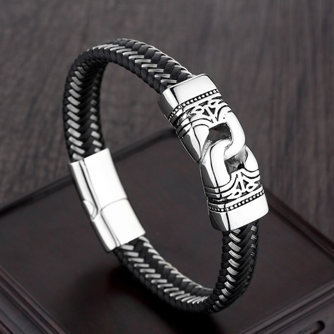 Pulsera de Cuero Trenzado Vintage Para Hombre Con Hebilla Tallada de Acero Inoxidable Joyería de Estilo Punk Pulido