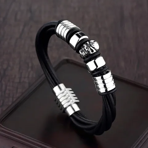 Bracciale da Uomo Punk Rock con Teschio in Acciaio Inossidabile Pelle Nera Intrecciata Multistrato Gioielli Biker Gotici Fibbia Magnetica