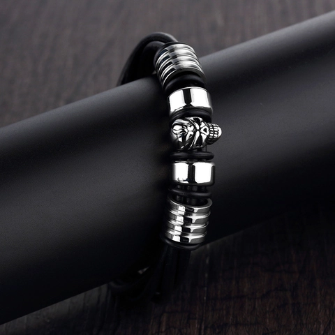 Bracciale da Uomo Punk Rock con Teschio in Acciaio Inossidabile Pelle Nera Intrecciata Multistrato Gioielli Biker Gotici Fibbia Magnetica