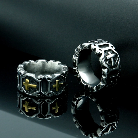 Anello Croce Gotico Medievale Vintage in Acciaio al Titanio a Fascia Larga Anello Retro Goffrato Religioso Punk Gioielli