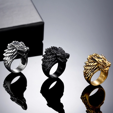 Men Vintage Wolf Head Ring Punk Personality Titanium Steel Polished Animal Shape Biker Ring Gold Black Steel Color Fashion Jewelry