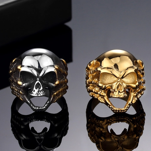 Gothic Skull Ring For Men Titanium Steel Punk Skeleton Hand Biker Ring Vintage Polished Dominating Jewelry Accessories Gift