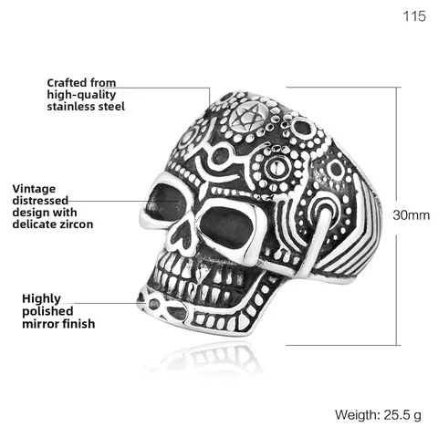 Men Vintage Titanium Steel Skull Ring Gothic Sugar Skull Punk Embossed Mandala Star Biker Band Ring Big Eye Skeleton Jewelry