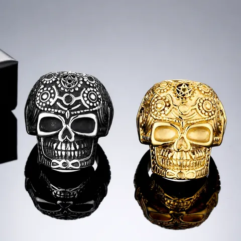 Vintage Edelstahl Totenkopf Ring Für Herren Gothic Punk Sugar Skull Sonnenblume Muster Retro Dominanter Finger Schmuck Geschenk