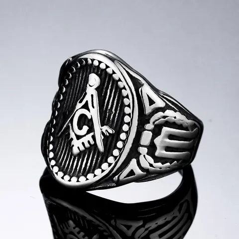 Anillo Masónico de Acero Inoxidable para Hombre Vintage Retro Masonería Escuadra Compás Símbolo G Elíptico Pulido Joyería