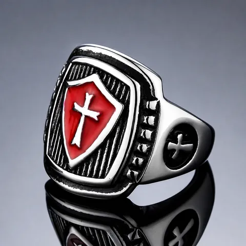 Men's Retro Titanium Steel Knight Shield Cross Ring Gothic Crusader Religious Signet Ring Vintage Punk Jewelry Gift