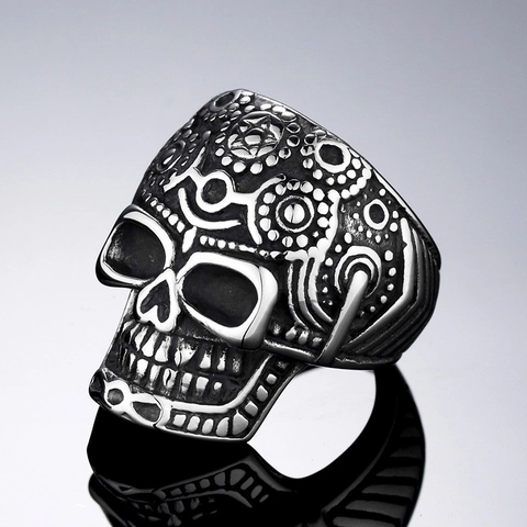 Vintage Edelstahl Totenkopf Ring Für Herren Gothic Punk Sugar Skull Sonnenblume Muster Retro Dominanter Finger Schmuck Geschenk
