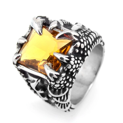 Men's Gothic Dragon Claw Stainless Steel Ring Distressed Antique Finish Inlaid Gemstone Punk Biker Party Fashion Jewelry Ring