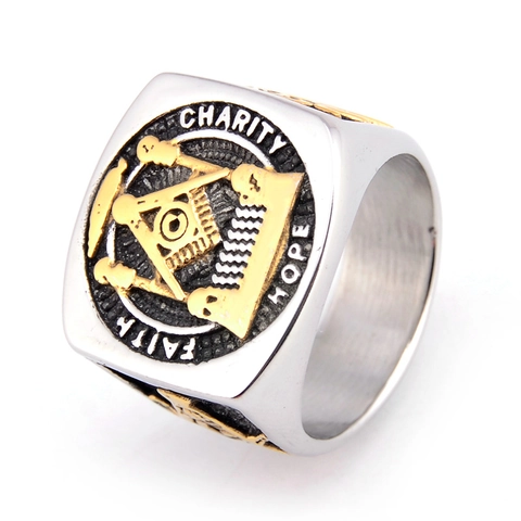 Anillo de Sello de la Masonería Vintage para Hombre Acero Inoxidable Faith Hope Charity Dorado Plata Bicolor Punk Joyería
