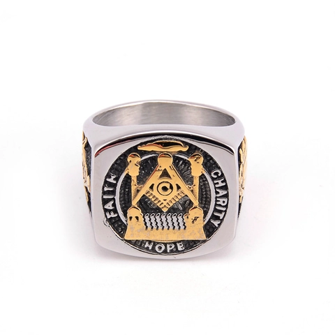 Anillo de Sello de la Masonería Vintage para Hombre Acero Inoxidable Faith Hope Charity Dorado Plata Bicolor Punk Joyería