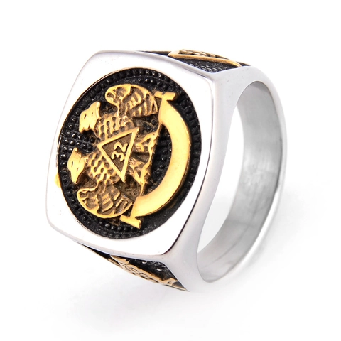 Anillo Masónico Rito Escocés Grado 32 Acero Inoxidable Águila Bicéfala Anillo Hombre Vintage Retro Banda Joyería Religiosa