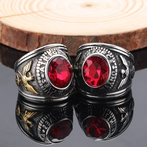 Vintage Stainless Steel Men United States Air Force Signet Ring With Red Oval Zirconia Eagle Pattern Military Jewelry