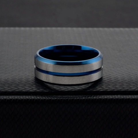 Anillo de Acero de Titanio Cepillado para Hombre Azul Plata Dos Tonos Minimalista Estilo Industrial Pulido Joyería Regalo