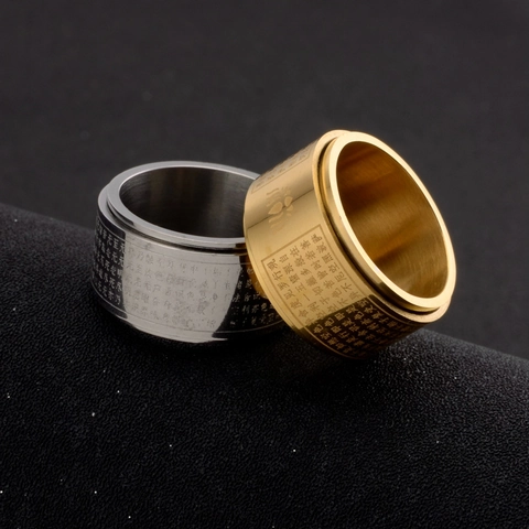 Anello Spinner in Acciaio Inossidabile con Sutra del Cuore Buddista per Uomo Scrittura Religiosa Incisa Banda di Meditazione
