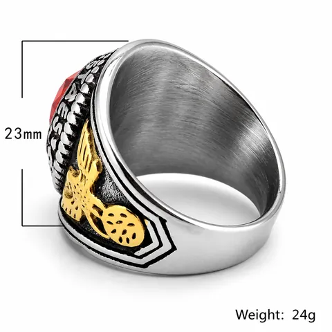 Vintage Stainless Steel Men United States Air Force Signet Ring With Red Oval Zirconia Eagle Pattern Military Jewelry