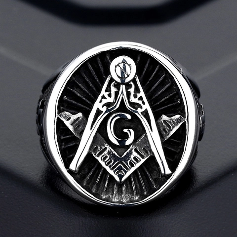 Anillo de la Masonería de Acero de Titanio Vintage para Hombre Escuadra Compás Retrò Letra G Anillo de Sello Pulido Bicolor Dorado Joyería Punk