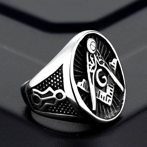 Anillo de la Masonería de Acero de Titanio Vintage para Hombre Escuadra Compás Retrò Letra G Anillo de Sello Pulido Bicolor Dorado Joyería Punk