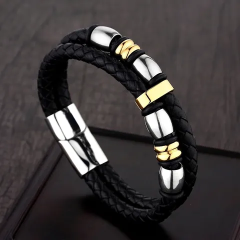 Herren Edelstahl Geflochtenes Lederarmband Punk Mehrlagig Magnetverschluss Gold Silber Perlen Casual Armreif Schmuck