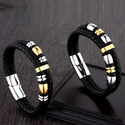 Herren Edelstahl Geflochtenes Lederarmband Punk Mehrlagig Magnetverschluss Gold Silber Perlen Casual Armreif Schmuck