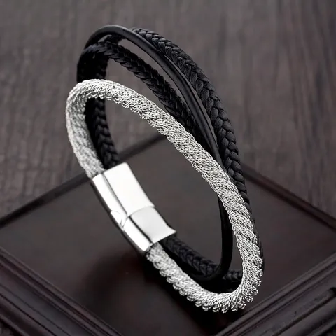 Bracciale da Uomo Punk Multistrato in Pelle Intrecciata Acciaio al Titanio Chiusura Magnetica Gioielli Moda Accessorio Tendenza