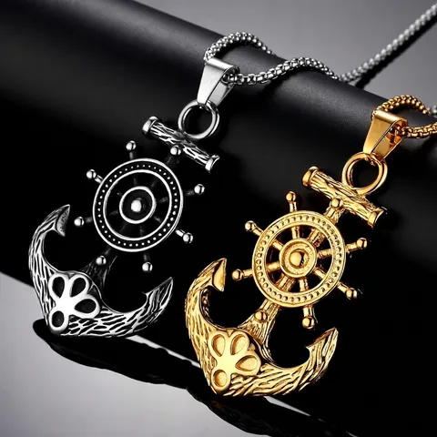 Stainless Steel Nautical Anchor Ship Rudder Pendant Necklace Vintage Hip Hop Punk Jewelry For Men Daily Party Jewelry