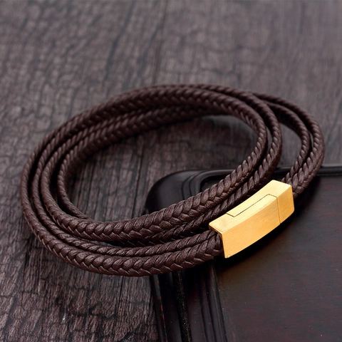 Men's Multi-layer Braided Leather Bracelet With Titanium Steel Magnetic Clasp Simple Wrap Geometric Fashion Jewelry Wristband For Men Gift