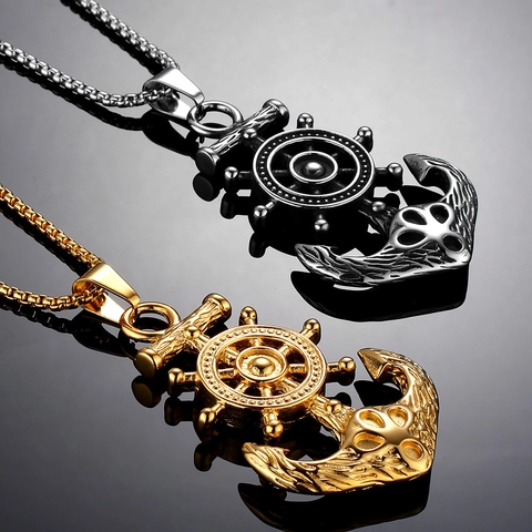 Stainless Steel Nautical Anchor Ship Rudder Pendant Necklace Vintage Hip Hop Punk Jewelry For Men Daily Party Jewelry