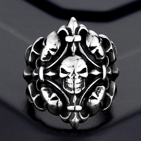 Retro Titanium Steel Skull Ring For Men Gothic Punk Fleur-de-lis Polished Biker Jewelry Vintage Skeleton Signet Band Ring