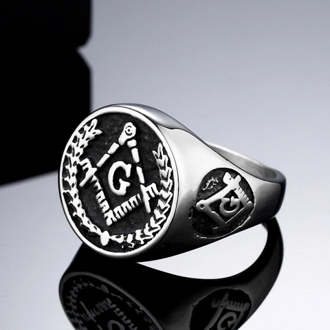 Vintage Herren Titanstahl Freimaurer Ring Retro Punk Freimaurerei G Symbol Winkelmaß Und Zirkel Siegelring Polierter Schmuck