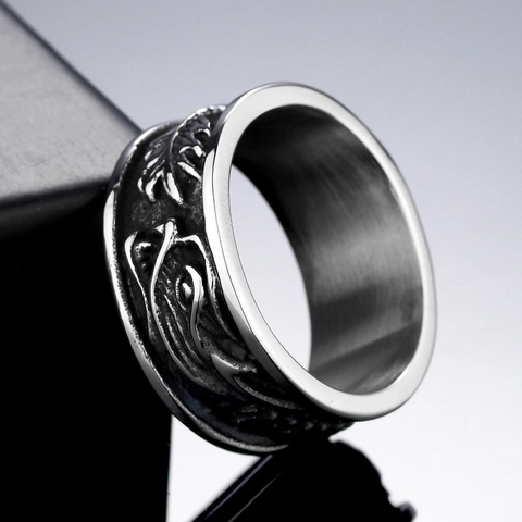 Men Vintage Titanium Steel Crow Skull Ring Gothic Punk Dragon Relief Wide Band Distressed Black Biker Jewelry Ring For Men
