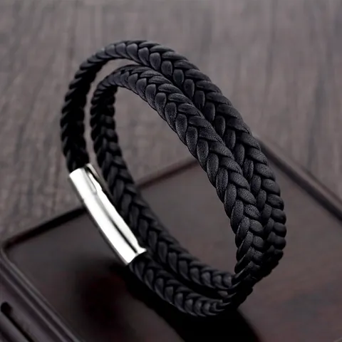 Men Braided Genuine Leather Bracelet With Stainless Steel Magnetic Buckle Double Wrap Fashion Jewelry Bangle Birthday Gift