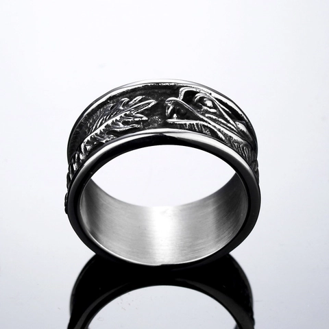 Men Vintage Titanium Steel Crow Skull Ring Gothic Punk Dragon Relief Wide Band Distressed Black Biker Jewelry Ring For Men