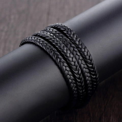 Men's Braided Leather Bracelet With Titanium Steel Magnetic Clasp Punk Rock Style Black Double Layer Cord Wrap Bracelet For Men