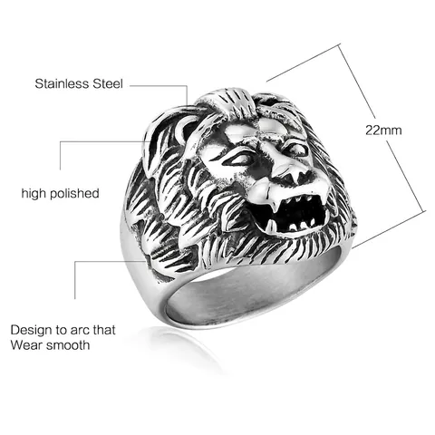 Vintage Stainless Steel Lion Head Ring For Men Punk Gothic Biker Animal Head Relief Signet Ring Fashion Hip Hop Jewelry