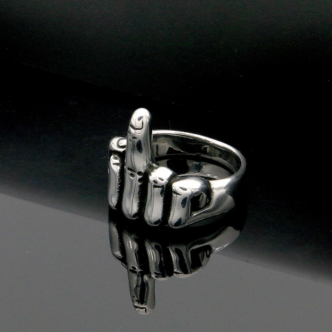 Men's Punk Titanium Steel Middle Finger Gesture Ring Silver Polished Fashion Jewelry Band Ring For Men Daily Party