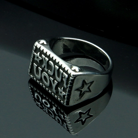 Punk Stainless Steel Fuck You Good Luck Star Men Seal Ring Hip Hop Rock Gothic Polished Biker Ring Gold Steel Jewelry