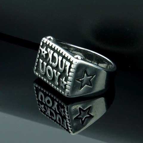 Punk Stainless Steel Fuck You Good Luck Star Men Seal Ring Hip Hop Rock Gothic Polished Biker Ring Gold Steel Jewelry